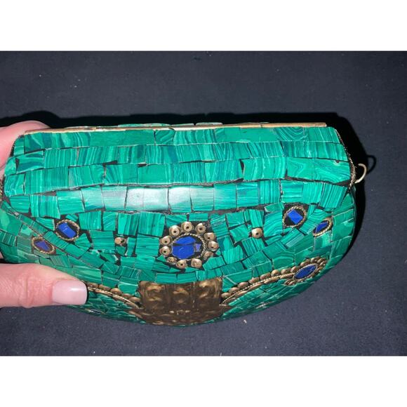 Ramla Clutch Bag Moroccan Mosaic Green Crossbody Unique Gold Blue Hamsa Hand - Picture 4 of 8